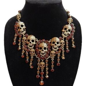 🤎 🔹️Natasha 🔹️Copper Gold Rhinestones Skulls Halloween Statement Necklace